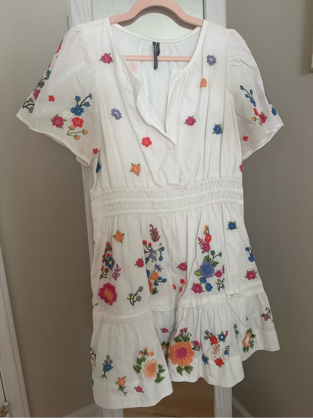 Anthropologie Somerset White Mini Dress with Multicolor Floral Embroidery